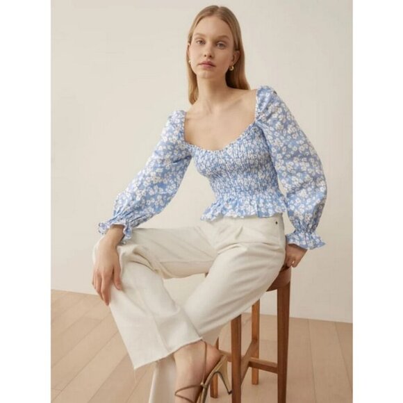 💕REFORMATION💕 Cambria Linen Top ~ Sofie Blue Floral Print Small S NWT - Picture 4 of 14